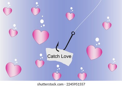 Vector illustration of a fish hook with a bunch of hearts surrounding it, love is all around us, catch love