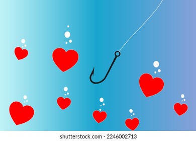 Vector illustration of a fish hook with a bunch of hearts surrounding it, love is all around us, catch love