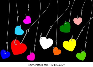 Vector illustration of a fish hook with hooked hearts on them, catch love