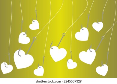 Vector illustration of a fish hook with hooked hearts on them, catch love