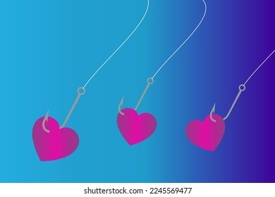 Vector illustration of a fish hook with hooked hearts on them, catch love