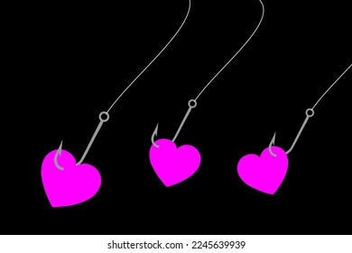 Vector illustration of a fish hook with hooked hearts on them, catch love