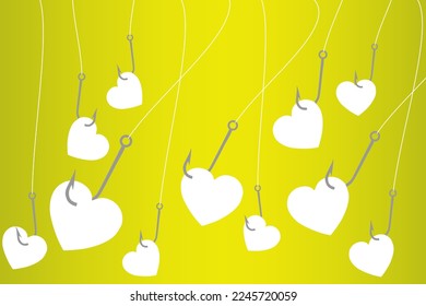 Vector illustration of a fish hook with hooked hearts on them, catch love