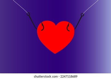 Vector illustration of a fish hook with hooked hearts on them, catch love
