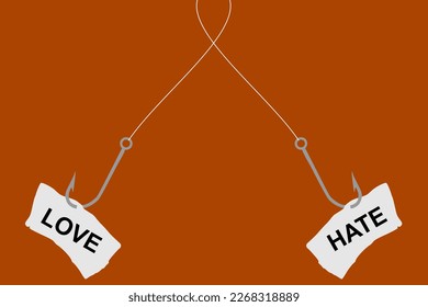 Vector illustration of a fish hook with hooked inscriptions love and hate, choice and struggle between two feelings in life