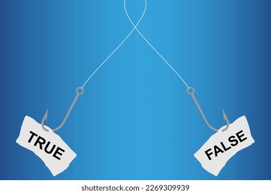 Vector illustration of a fish hook with hooked inscriptions true and false, choice and struggle between two offers