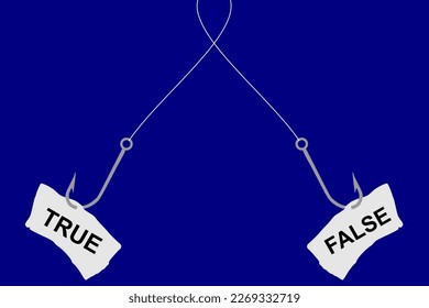 Vector illustration of a fish hook with hooked inscriptions true and false, choice and struggle between two offers