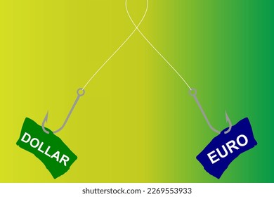 Vector illustration of a fish hook with hooked inscriptions Euro and Dollar, choice and struggle between two financial offers