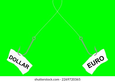 Vector illustration of a fish hook with hooked inscriptions Euro and Dollar, choice and struggle between two financial offers