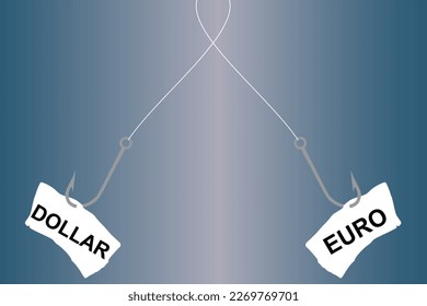 Vector illustration of a fish hook with hooked inscriptions Euro and Dollar, choice and struggle between two financial offers