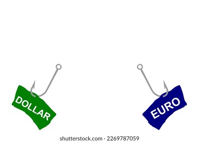 Vector illustration of a fish hook with hooked inscriptions Euro and Dollar, choice and struggle between two financial offers