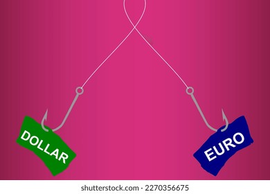 Vector illustration of a fish hook with hooked inscriptions Euro and Dollar, choice and struggle between two financial offers