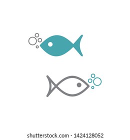 Vector illustration of fish icon with air bubbles. Set of two vector icons. Flat design Monochrome