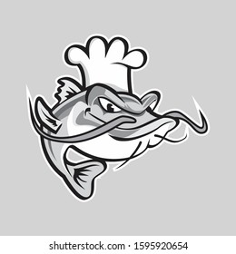 vector illustration fish icon catfish chef grey color logo illustrate