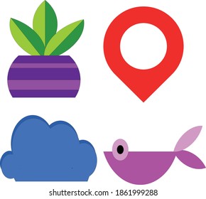 Ilustración vectorial del gráfico de íconos de peces, ramas de flores, nubes y localizaciones, perfecta para íconos de medios sociales, pantallas de computadora, laptops, smartphones, etc.