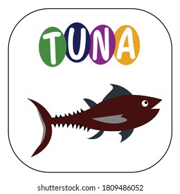 Vector illustration of  fish with image in card over white background. Children's Education, Print, Flat Icon  