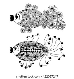 Vector illustration of fish isolated on white background. Isolated elements for coloring book. 