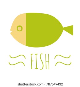Vector illustration of fish isolated on white background with fish text. Isolated river fish. Vector aquarium fish silhouette illustration. Colorful cartoon flat aquarium fishes icon for design.