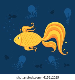 Vector  illustration of fish and jellyfishes in ocean