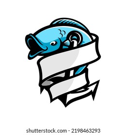 vector illustration of fish jumping and anchor wrapped in ribbon