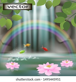 Vector illustration of fish jumping in the water jump out of the water game, waterfall, rainbow over the river in the forest landscape drawing