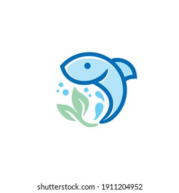 vector illustration fish and leaves, logo for aquaponics.