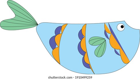 Vector illustration  fish light blue color with the green tail isolated on the white background 