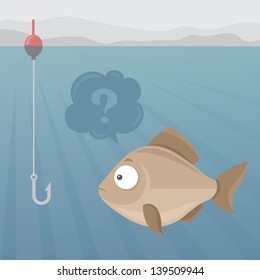 Vector illustration of fish looking questioningly on a fishhook