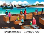 A vector illustration of fish market scene