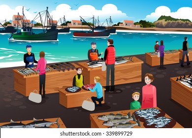 A Vector Illustration Of Fish Market Scene