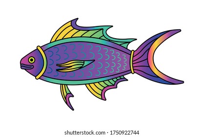 Ilustración vectorial del pez. Plantilla moderna con elementos de contorno en estilo neón colorido.