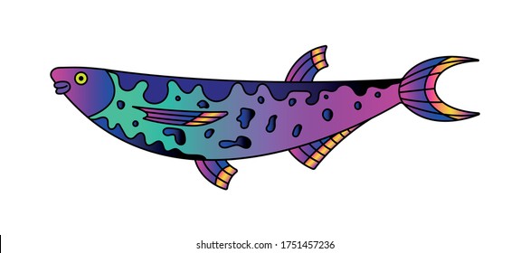 Vector illustration of the fish. Modern template with outline elements in colorful neon style.