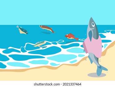 ilustración vectorial. peces en tierra. arenque, carpa cruciana, poro, arena, playa, verano, cómic, arte. mojado. está seca con una toalla.
