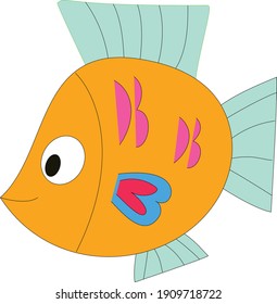 Vector illustration  fish orange color with blue tail and red fins isolated on the white background 