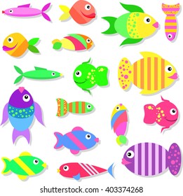  Vector Illustration Of Fish Pattern Background In Color In Doodle Cartoon Style. Perfect For Children Book Covers, Wallpaper, Wrapping Paper Etc.