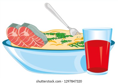 Vector illustration of the fish plate and verdure and glass of juice