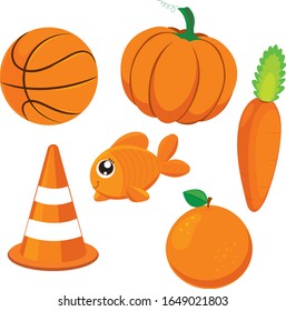 Vector illustration of fish, pumpkin, carrot and orange.