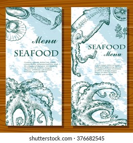 Vector illustration of a fish restaurant menus, invitations, fish market.