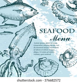 Vector illustration of a fish restaurant menus, invitations, fish market.