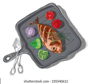 Vector illustration of fish with rosemary, tomato, pepper, and onion  in a Ridged cast iron grill pan