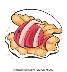 Vector illustration of a fish in a seashell in cartoon style.