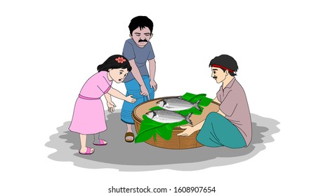 A vector illustration of fish seller and buyer