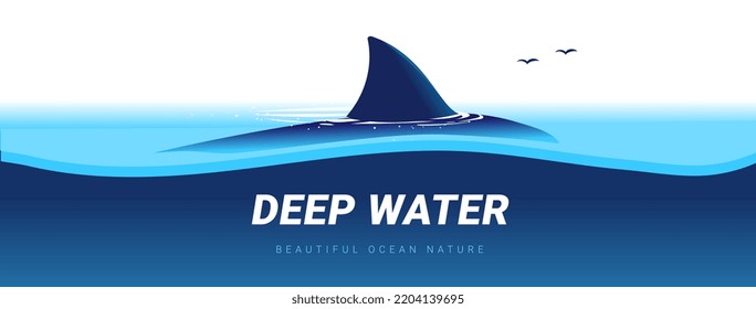 Vector Illustration Of Fish Shark Swimming In The Sea On Blue Water Background With Word. Flat Style Design Of Dangerous Fish Shark Fin For Web, Site, Banner, Poster, Sticker