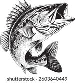 Vector illustration of a fish sketch on a white background featuring a goldfish jumping in an underwater scene