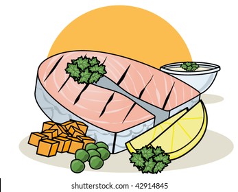 vector illustration of a fish steak dinner