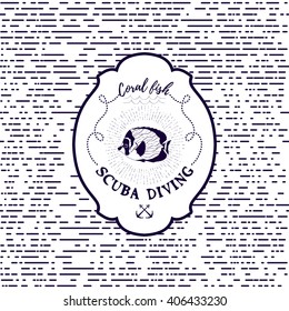 Vector illustration with fish. Striped seamless backdrop and lettering - Scuba diving.