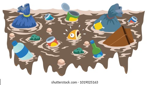 Vector illustration of Fish swimming in a river full of garbage. Great for Children Illustration.