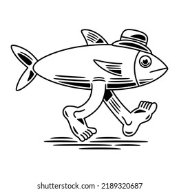 
Vector illustration of a fish that has two legs, walks and wears a hat, drawn in a cartoon style, black and white and border lines.