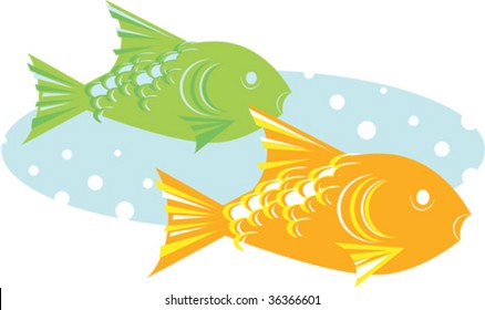 a vector illustration of fish, water, and bubbles