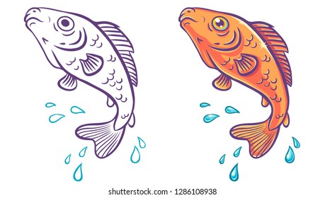 Vector illustration of a fish with water drops. Retro emblem of a fish for fishing